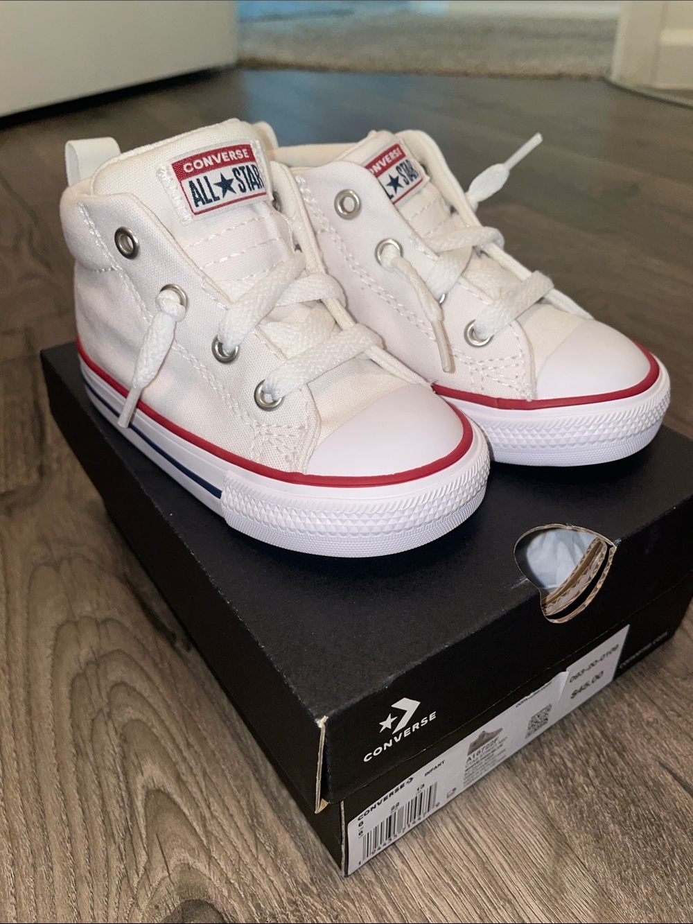 Converse Kids White High Top Sneakers with Red & Blue Accents